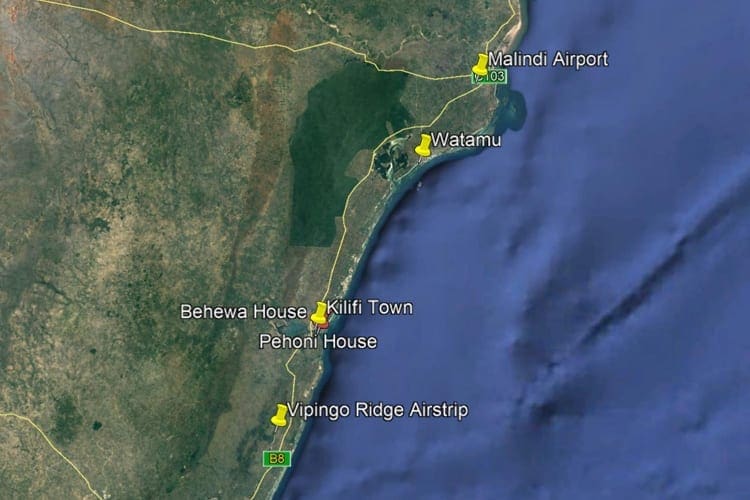 Pehoni Google Earth 1 Map showing the location of Pehoni House Kilifi